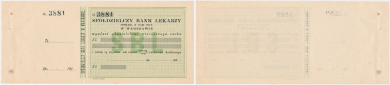 Warszawa, czek Spółdzielczego Banku Lekarzy Przedwojenny czek Spółdzielczego Ban...