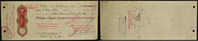 Weksel, Wilno 1928 Weksel wystawiony w Wilnie 26 stycznia 1928 r. na sumę 1.000 ...