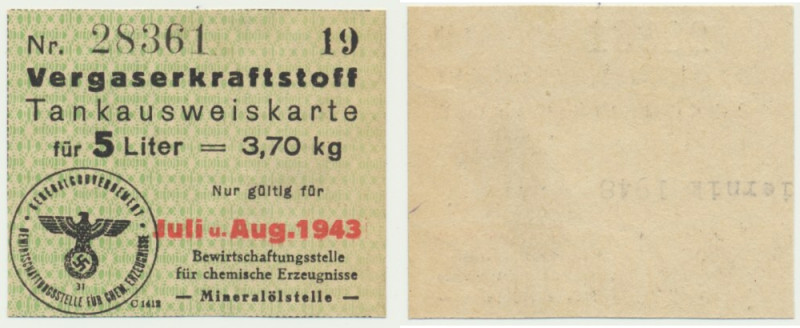 Generalna Gubernia, karta na 5 litrów paliwa 1943 Karta paliwowa z czasów Genera...
