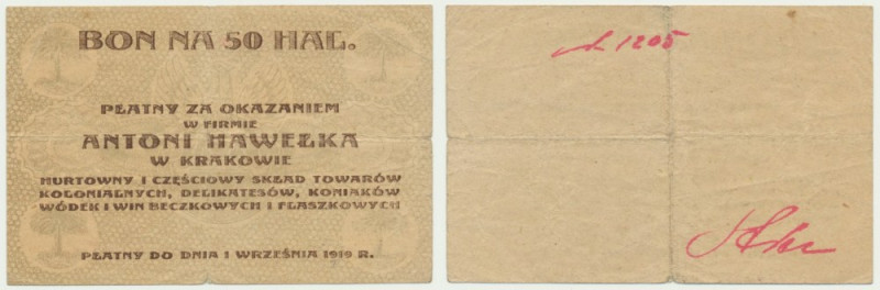 Kraków, Antoni Hawełka, 50 halerzy 1919 - nienotowany Nieodnotowana w katalogu A...
