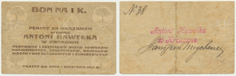 Kraków, Antoni Hawełka, 1 korona 1919 - RZADKI Zdecydowanie rzadsza odmiana ze s...