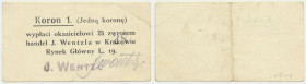 Kraków, J. Wentzl, 1 korona 1919 - numerator 8 mm - BARDZO RZADKI