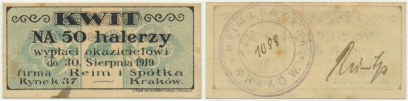 Kraków, Reim i Spółka, 50 halerzy 1919 - obiegowy Bon obiegowy z numeracją odręc...