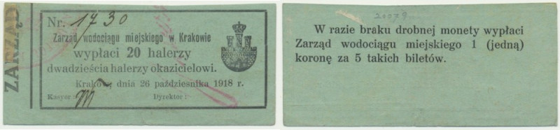 Kraków, Zarząd Wodociągu Miejskiego, 20 halerzy 1918 - PAŹDZIERNIKA Bardzo rzadk...