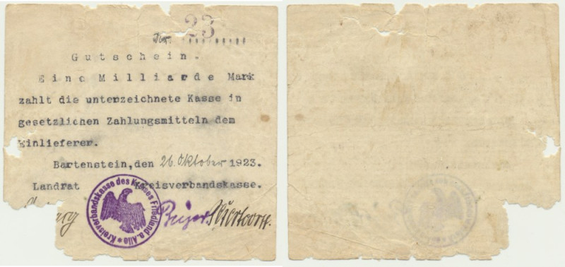 East Prussia, Bartestein - Bartoszyce, 1 Billion Mark 1923