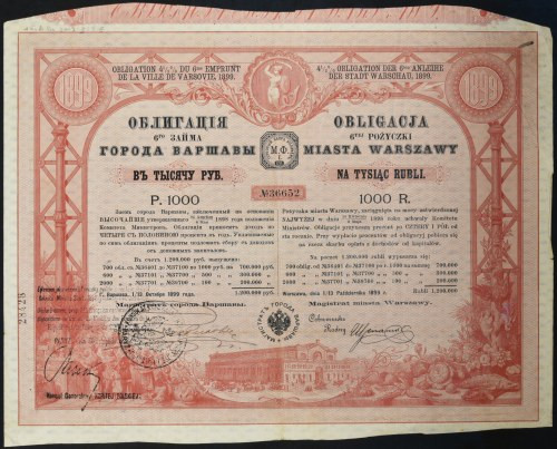 Warszawa, 4,5% VI pożyczka miasta Warszawy 1899, obligacja 1.000 rubli Szósta po...