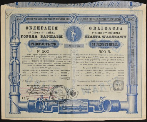 Warszawa, 4,5% 2 seria V pożyczki miasta Warszawy 1901, obligacja 500 rubli Drug...