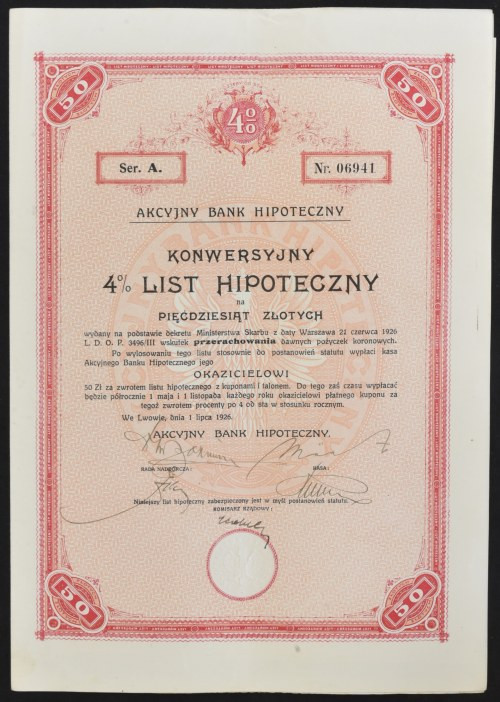 Akcyjny Bank Hipoteczny, 4% konwersyjny list hipoteczny, 50 zł Akcyjny Bank Hipo...
