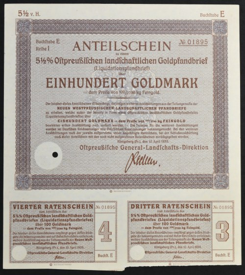 Ostpreußische Landschaft, Certyfikat udziału w listach zastawnych, 100 Goldmark ...