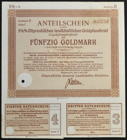 Ostpreußische Landschaft, Certyfikat udziału w listach zastawnych, 50 Goldmark (...