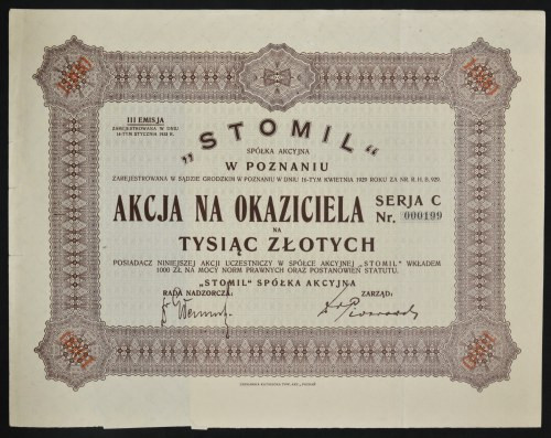 'Stomil' S.A. w Poznaniu, 1.000 zł 1935, Emisja III Seria C 'Dawca' nazwy dla ca...