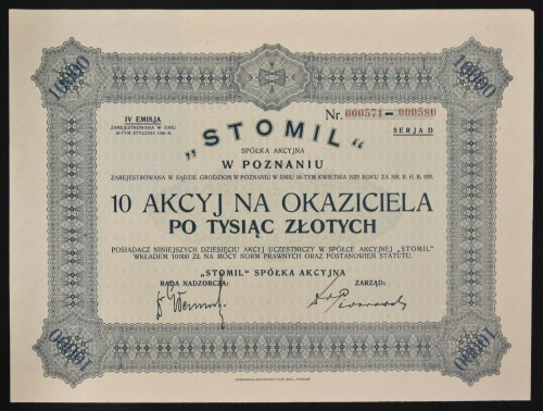 'Stomil' S.A. w Poznaniu, 10 x 1.000 zł 1935, Emisja IV Seria D 'Dawca' nazwy dl...