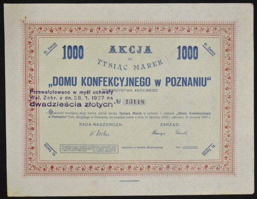 'Dom Konfekcyjny' Towarzystwo Akcyjne, 1.000 mkp, Emisja VI Akcja wielkopolskiej...