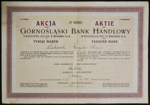 Górnośląski Bank Handlowy Towarzystwo Akcyjne w Bytomiu, 1.000 mkp, Emisja II Gó...