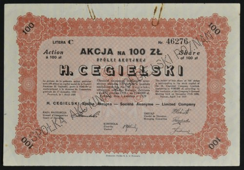 H. Cegielski S.A., 100 zł 1929 Efektowne tereny fabryczne w Poznaniu, największa...