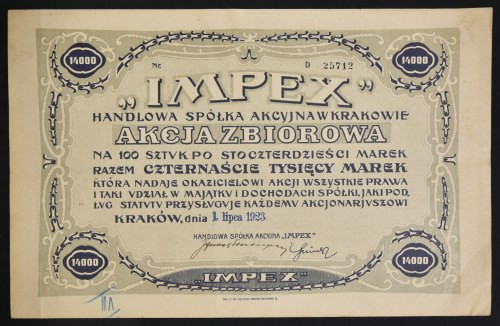 Handlowa Spółka Akcyjna 'Impex' w Krakowie, 100 x 140 mkp, 1.07.1923 Emisja 1 li...