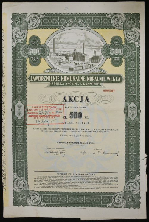Jaworznickie Komunalne Kopalnie Węgla S.A., 500 zł 1932 Bardzo ładna grafika. Ak...