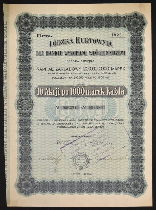 Łódzka Hurtownia dla Handlu Wyrobami Włókienniczymi S.A., 10 x 1.000 mkp, Emisja...