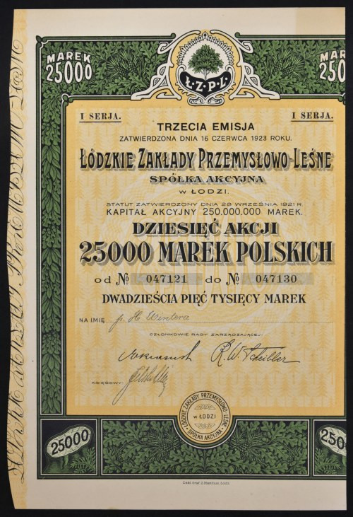 Łódzkie Zakłady Przemysłowo-Leśne S.A., 10 x 2.500 mkp, 1923, Emisja III Rzadko ...