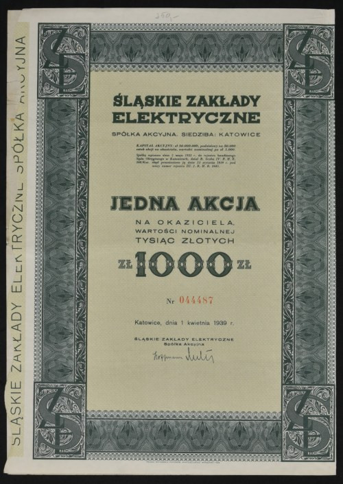 Śląskie Zakłady Elektryczne S.A., 1.000 zł Popularna akcja Śląskich Zakładów Ele...