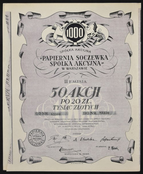 Papiernia Soczewka S.A., 50 x 20 zł, 1928 Pierwsza spółka akcyjna dla prowadzeni...