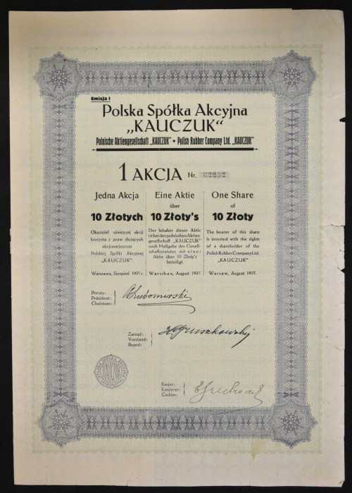 Polska Spółka Akcyjna 'Kauczuk', 10 zł 1927 Akcja bardzo dużego formatu, a przez...
