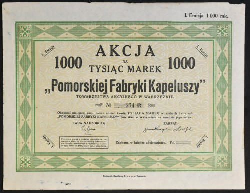 Pomorska Fabryka Kapeluszy, 1.000 mkp, Emisja I Spółka działa w Wąbrzeźnie, szyb...