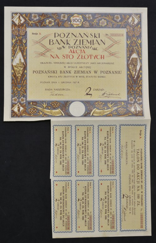 Poznański Bank Ziemian S.A., 100 zł 1927 Bardzo ładna, dekoracyjna akcja poznańs...