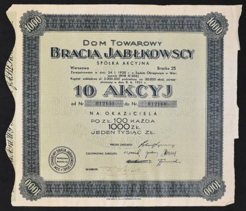 Dom Towarowy 'Bracia Jabłkowscy' S.A., 10 x 100 zł Najbardziej znane domy towaro...