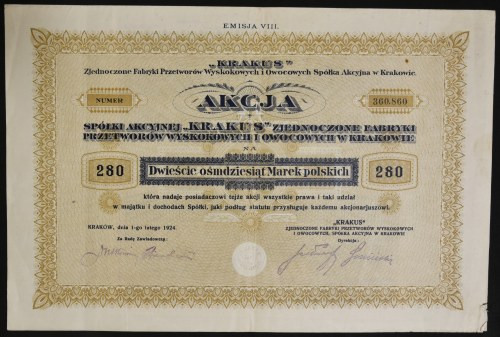 'Krakus' Przemysł Spirytusowy i Chemiczny w Krakowie S.A., 280 mkp 1924, Emisja ...
