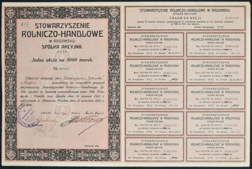 Stowarzyszenie Rolniczo-Handlowe w Radomsku S.A., 5.000 mkp Bardzo rzadka akcja ...