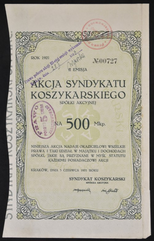 'Syndykat Koszykarski' S.A., 500 mkp, Emisja II Akcja spółki z branży drzewnej, ...