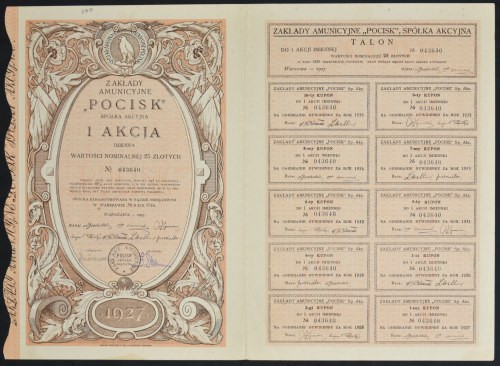 Zakłady Amunicyjne 'Pocisk' S.A., 25 zł 1927 Autorem projektu jest Adam Półtawsk...