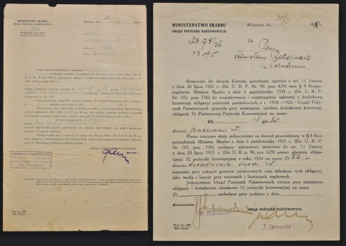 Urząd Pożyczek Państwowych - dwa pisma dotyczące konwersji pożyczek z lat 1918-1...