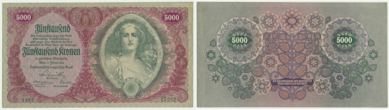 Austria, 5.000 Kronen 1922 One vertical fold through the design. Imperfections a...