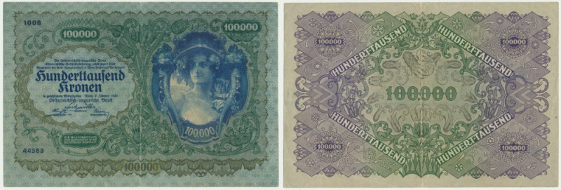 Austria, 100.000 Kronen 1922 Extremely fine piece. One strong fold through the d...
