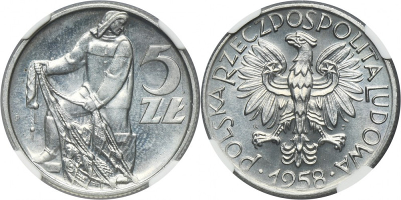 5 złotych 1958 Rybak - BAŁWANEK - NGC UNC DETAILS Poszukiwana i ceniona moneta o...