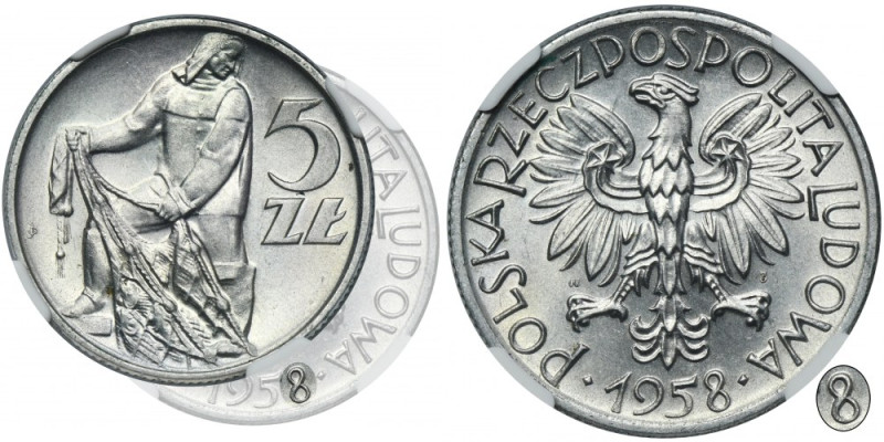5 złotych 1958 Rybak - NGC MS62 - wąska ósemka Rzadka moneta z okresu PRL.&nbsp;...