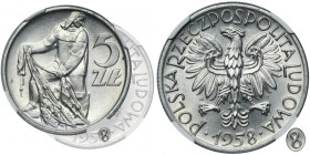 5 złotych 1958 Rybak - NGC MS62 - wąska ósemka