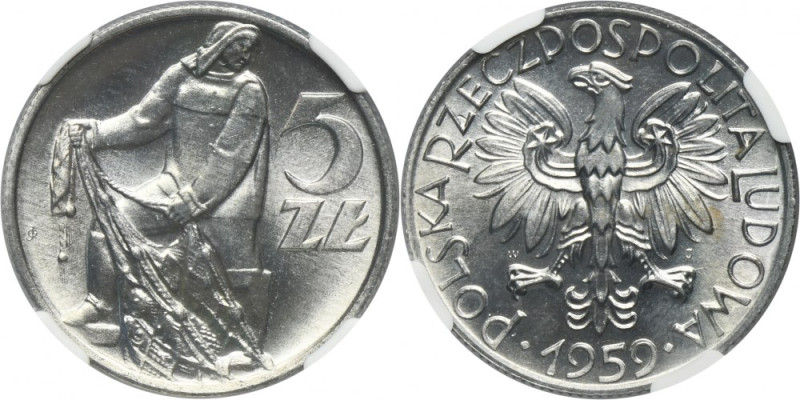 5 złotych 1959 Rybak - NGC MS65 Mennicza moneta z oceną MS65 od NGC. Reference: ...