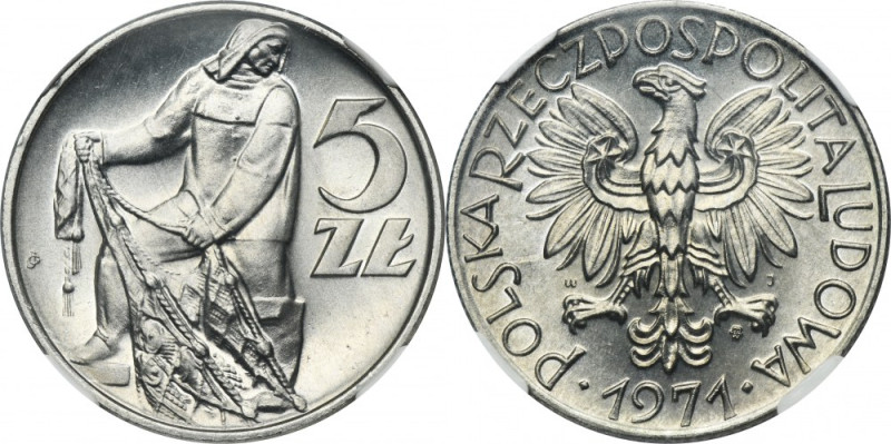 5 złotych 1971 Rybak - RZADSZY ROCZNIK - NGC MS66 Rzadszy rocznik. Mennicza mone...