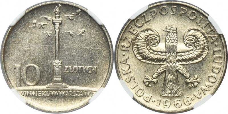 10 złotych 1966 Mała Kolumna - NGC MS62 Mennicza moneta z oceną MS62 od NGC. Ref...