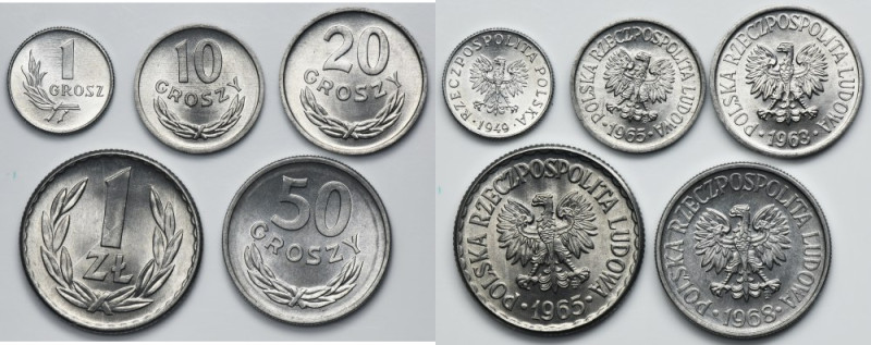 Zestaw, grosze i 1 złoty (5 szt.) Zestaw pięciu monet z okresu PRL-u o nominale ...