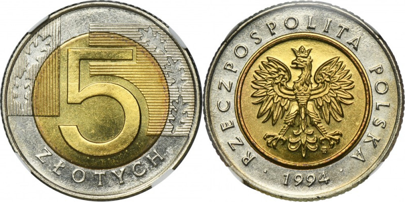 5 złotych 1994 - NGC MS66 Menniczy egzemplarz. Wysoka nota od NGC. Reference: Pa...