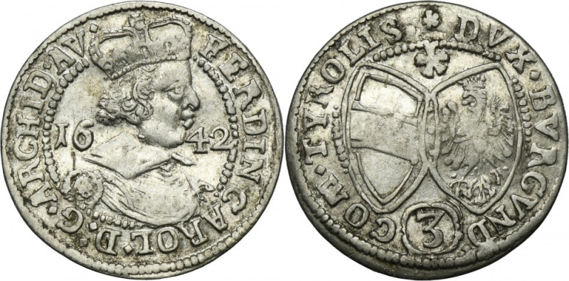Austria, Ferdinand Karl, 3 Kreuzer Hall 1642 Plenty of mint bloom. Połyskowy egz...