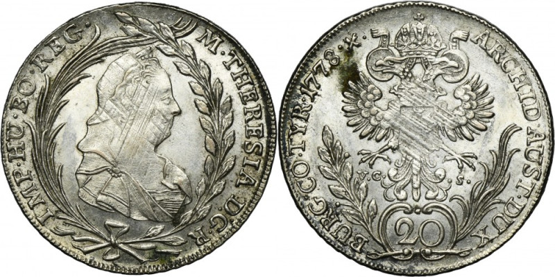 Austria, Maria Theresa, 20 Kreuzer Hall 1778 VC-S Variety with letters VC-S on s...