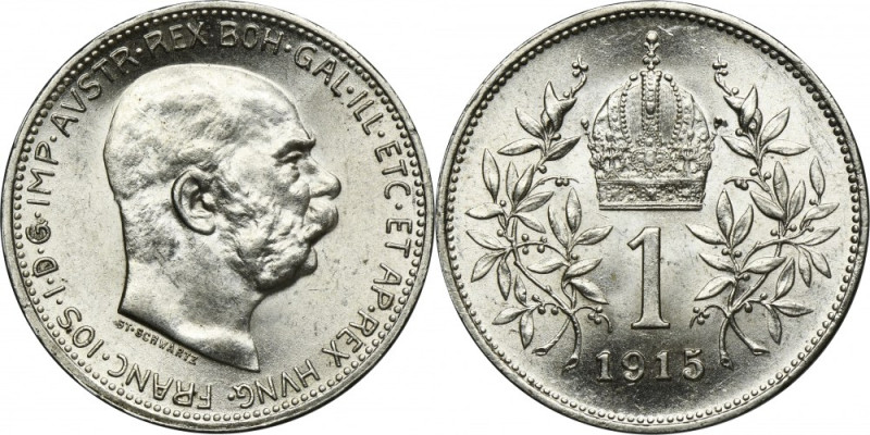 Austria, Franz Joseph I, 1 Corona Wien 1915 Silver '835'. Carthweel effect on bo...