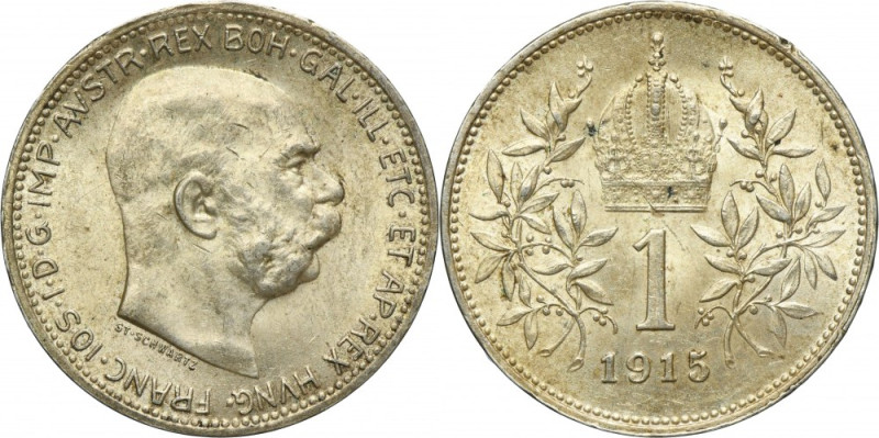 Austria, Franz Joseph I, 1 Corona Wien 1915 Silver '835'. Carthweel effect on bo...