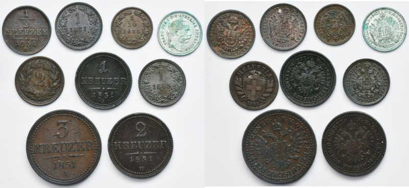 Set, Austria and Switzerland, Kreuzer and 2 Rappen (9 pcs.) Set of nine coins, o...