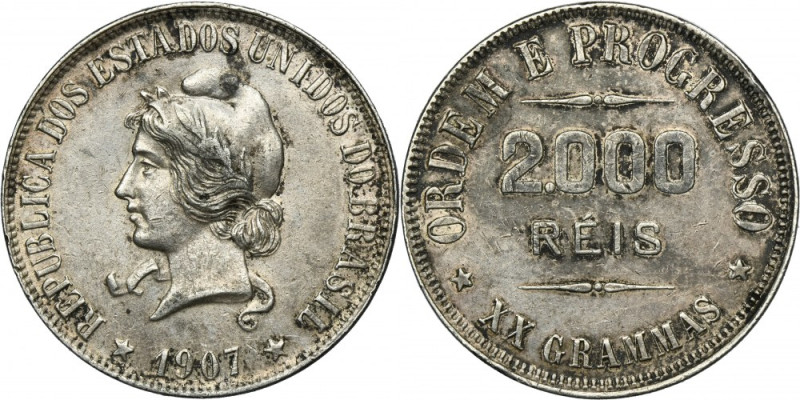 Brazil, 2.000 Réis Rio de Janeiro 1907 Silver '900'. Srebro próby '900'. 
Refer...
